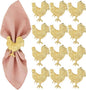 ALPHA Living HOME Set of 12 Rooster Napkin Rings for Farmhouse Table Decor | Premium Metal Chicken Dinnerware Holders | Rustic Kitchen & Holiday Party Table Setting (Gold)