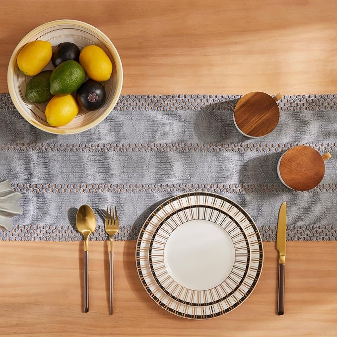 Macrame Style Boho Table Runner, 12x72 Inch Light Blue Grey | Woven Boho Table - Image 4
