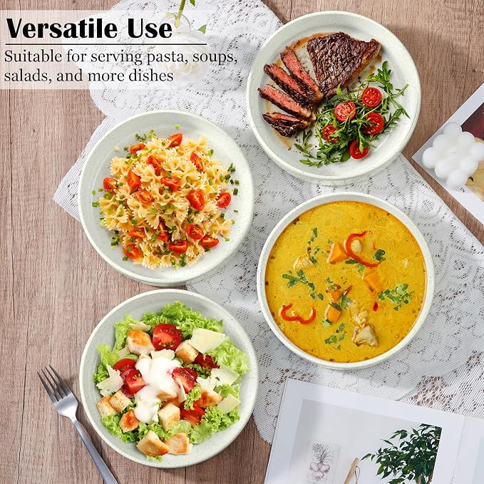 E-far Pasta Bowls Set of 6, 35 oz Large Stoneware Bowl Plates | Shallow & Wide - Image 4