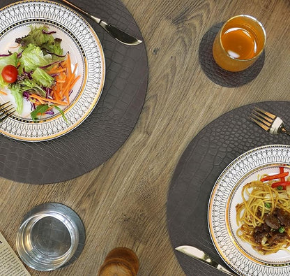 Round Leather Placemats for Round Tables Set of 6, Gray Table Place Mats and Coasters, Washable Easy to Care for Indoor Decor 13" Diameter