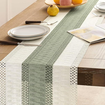 Macrame Style Bicolor Stitching Table Runner 14x36in Green | Woven Boho Table - Image 5