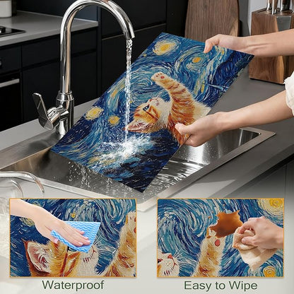 Cute Cat Cloth Placemats,Blue Starry Sky Heat-Resistant Table Placemats Set of 6, Washable Linen Place Mats for Dining Room Table Decor Home Restaurant Cafes Holiday Party 11.8x17.7 Inch