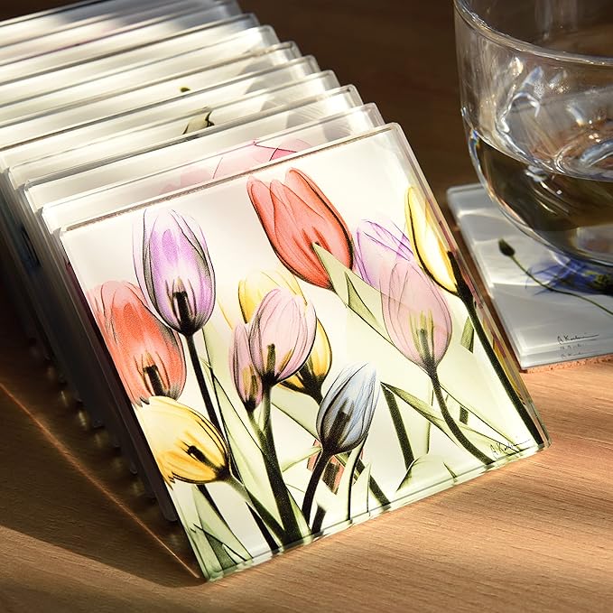Empire Art Direct 12 PCS Coasters for Drinks, Cup Coaster for Tabletop Protection, Tea Set, Flower Coasters, Glass Floral Coaster Sets with Cork Bottom, Designed by Albert Koetsier, B2
