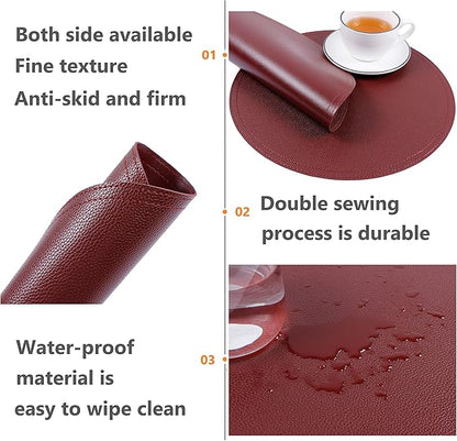 Faux Leather Round Placemats and Coasters, Coffee Mats Kitchen Table Mats, Waterproof, Easy to Clean for Round Table, Dining Table