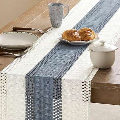 Macrame Style Bicolor Stitching Table Runner 14x60in Navy | Woven Boho Table - Image 4