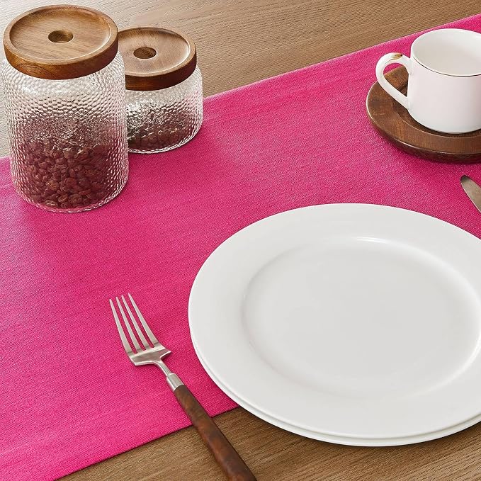 Linen Textured Border Table Runner, 14 x 36 Inch Hot Pink | Mitered Corner - Image 5