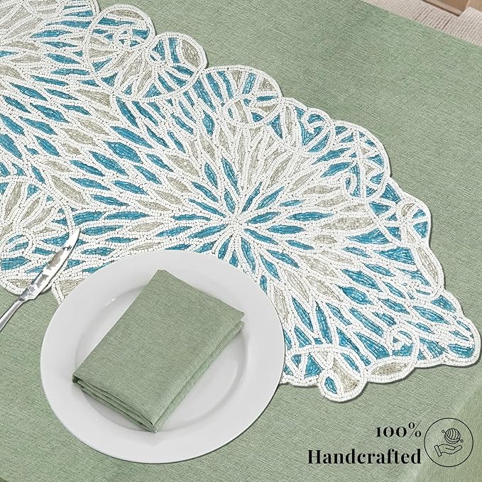 Beaded Table Runner, Sky Blue White, 36x13 | Glass beads on polyester backing - Image 6