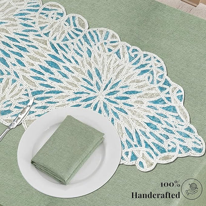 Beaded Table Runner, Sky Blue White, 36x13 | Glass beads on polyester backing - Image 6