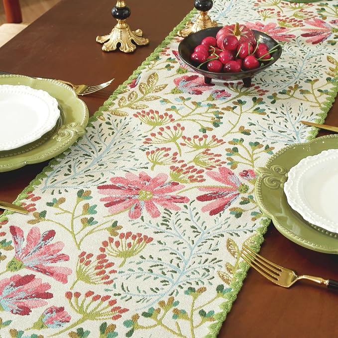 Boho Botanical Floral Lace Table Runner Green 12 x 82 Inch | Jacquard Weave - Image 5