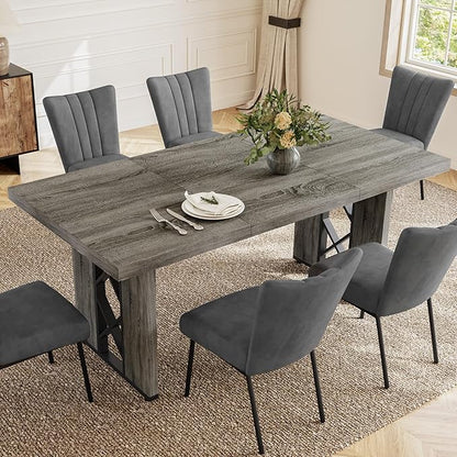 7-Piece Dining Table Set for 6 People, 70.8" MDF Kitchen Table with 6 Velvet Chairs, Space-Saving for Dining Room, Breakfast Nook(Grey Table+6 Grey Chairs)