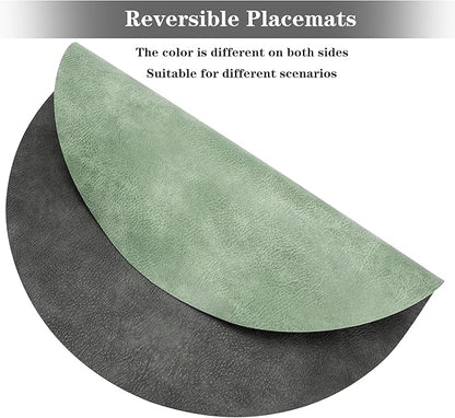 Round Placemats and Coasters Set of 6, Washable Reversible Faux Leather Placemats Cowhide Pattern Place Mats Wipeable Non-Slip 15 inch Round Kitchen Dining Table Mats (Gray Green, 6)