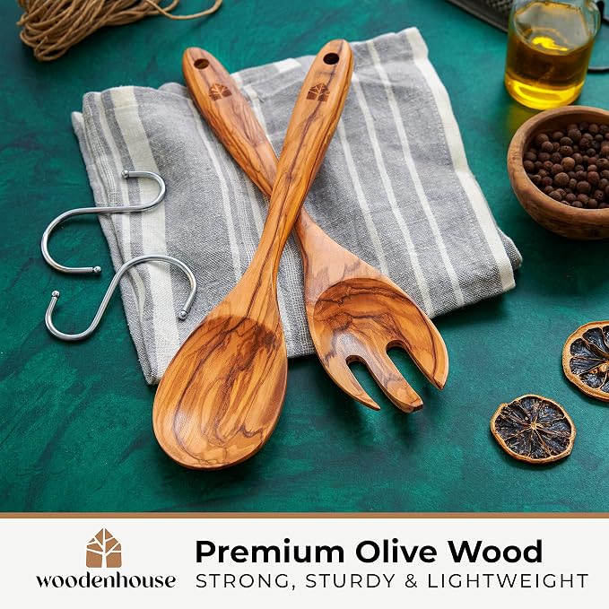 Wooden Salad Tongs for Serving, Tossing & Cooking – Sturdy Fork & Spoon - Image 2
