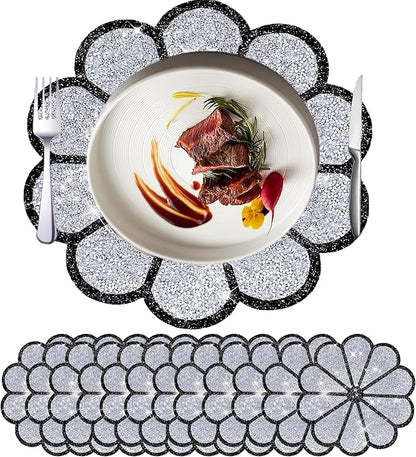 Washable Waterproof Diamond Circle Placemats for Round Tablescape Decor for Dinner and Kitchen Bling Placemats for Weddings & Special Events -12PCS (Silver and Black)