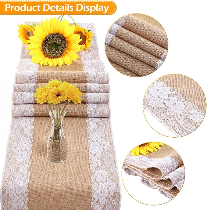 Tatuo 12 Pcs Lace Burlap Table Runner 12'' x 72'' Rustic Jute Hessian Farmhouse - Image 3