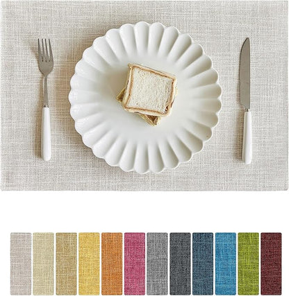 Softalker Faux Linen Placemats Set of 6-12 x 18 Inch, Heat Resistant Double Layered Durable Burlap Farmhouse Place Mats, Non-Slip Washable Rustic Table Mats for Dining, Kitchen, Party（Cream