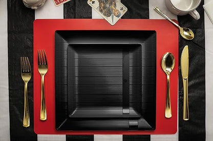 Exquisite Disposable-Black-Plastic-Plates-Square Linear (40 Pack) Wedding Dinner Fancy Tableware Dishes (7.5 Inch., Black) Single Size Set