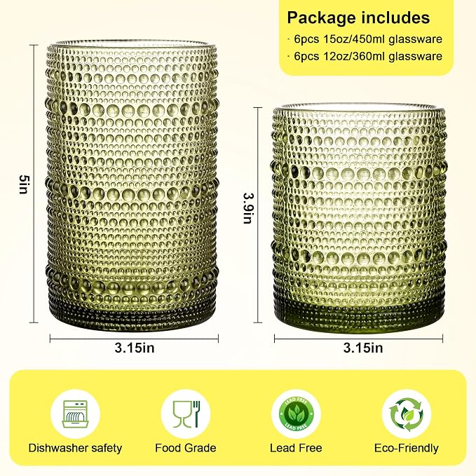 KMIGRUAN Hobnail Drinking Glasses Set of 12, 15Oz & 12Oz Cocktail Glasses | - Image 2