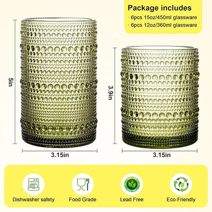 KMIGRUAN Hobnail Drinking Glasses Set of 12, 15Oz & 12Oz Cocktail Glasses | - Image 2