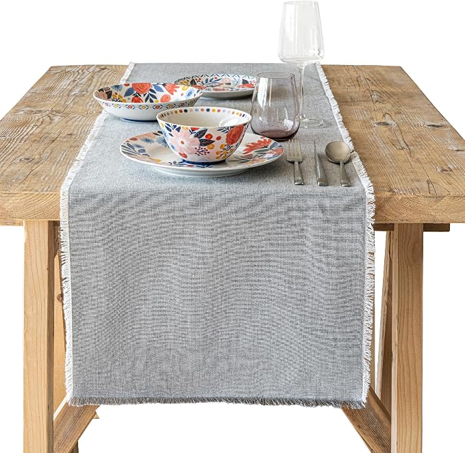 Over&Back 18x108 Woven Frayed Chambray Cotton Table Runner by overback
