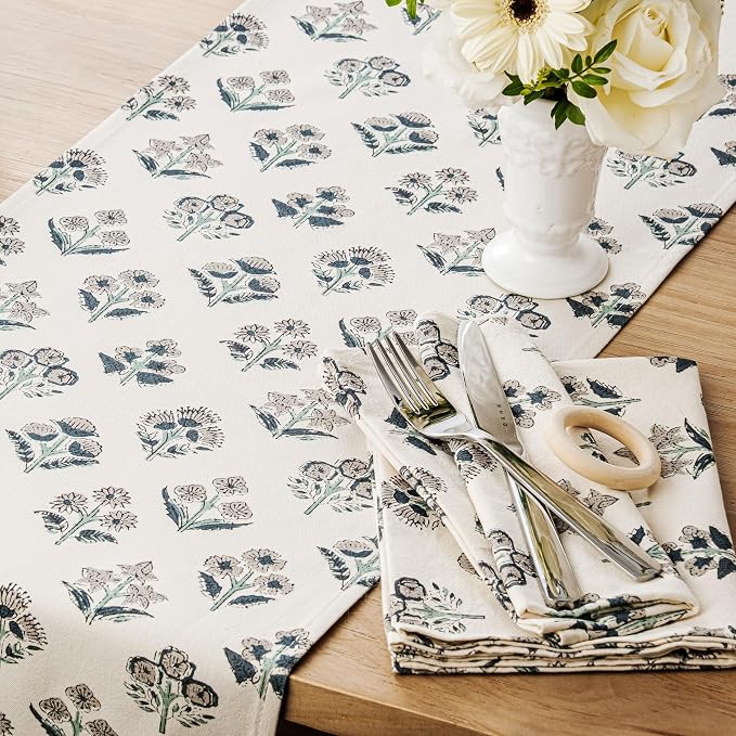 Block Print Floral Decorative Table Runners, 13x36 Inch Grey | 100% Organic - Image 2