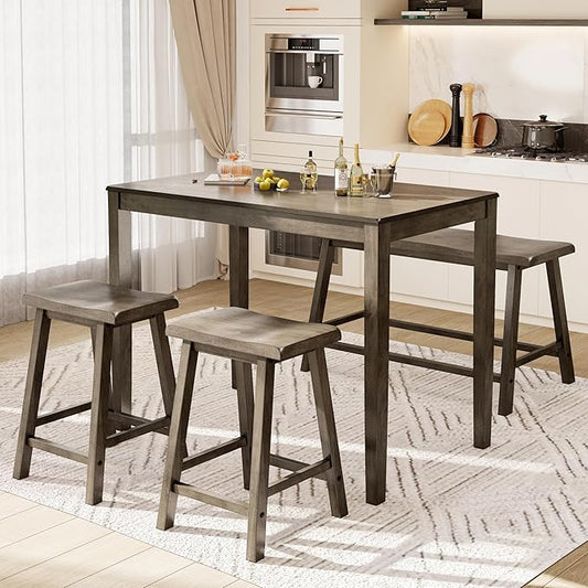 PHI VILLA Kitchen Table with Bench and Chairs, Counter Height Table and Chairs, Solid Wood Small Dining Table Set for 4, High Top Kitchen Table Chairs Set of 4, Smoky Brown