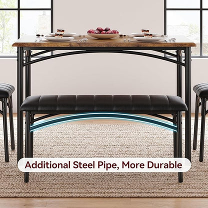 4-Piece Small Dining Table Set – Wood Table with 2 Upholstered Chairs & Bench, Space-Saving Retro Kitchen Dining Set for Small Apartment/Dining Room, Brown