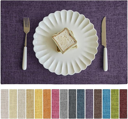 Softalker Faux Linen Placemats Set of 12-12 x 18 Inch, Heat Resistant Double Layered Durable Burlap Farmhouse Place Mats, Non-Slip Washable Rustic Table Mats for Dining, Kitchen, Party（Purple