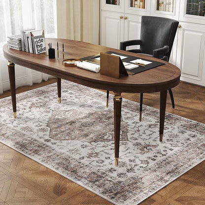 HOMCOM Washable Area Rug, 4'x6' Vintage Indoor Distressed Carpet, Retro Floor Cover Foldable, Floral Print Mat for Living Room, Bedroom, Dining Room, Tan