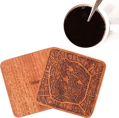 Milan Map Coaster by O3 Design Studio, Set Of 4, Sapele Wooden Coaster With City Map, Handmade