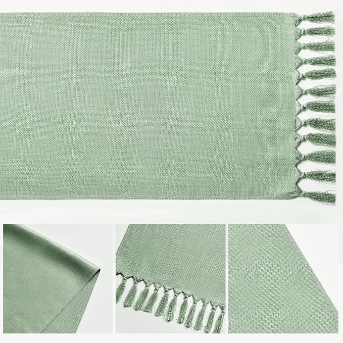 Artoid Mode Sage Green Tassel Table Runner, Spring Linen Blend Rustic Farmhouse - Image 5