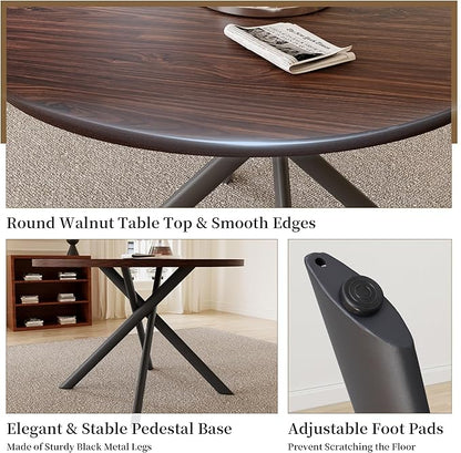 45.3 Inch Round Dining Table Set for 4, Mid Century Modern MDF Coffee Set for Dining Room Kitchen Apartment (Dark Walnut Table + 4 U-Shaped Black Chairs)