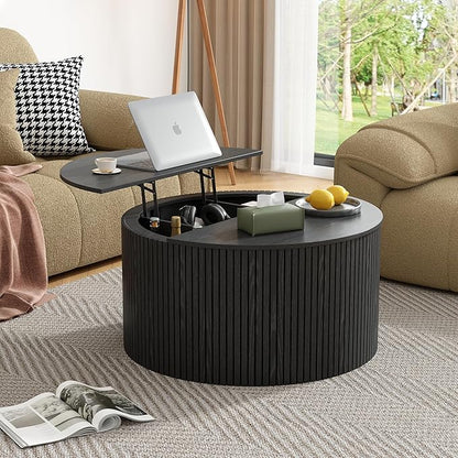 Round Fluted Lift Top Coffee Table, Mid Century Modern Center Table with Storage and Compartment, 2 Tier Small Circle Dining Table, for Living Room, Home Small Space, Black