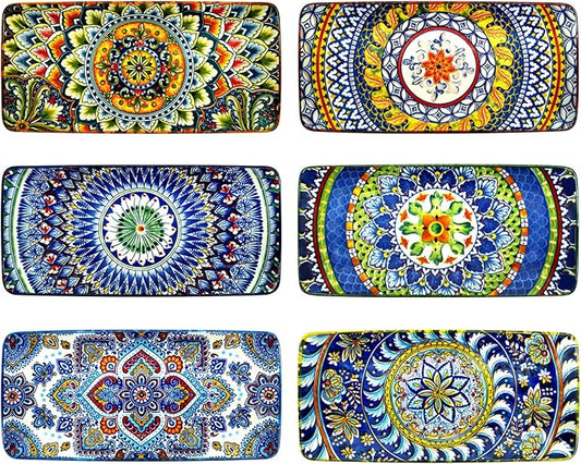 10 Inch Rectangular Ceramic Plates Set of 6 - Bohemian Floral Design in 6 Vibrant Colors, Oven & Microwave Safe Porcelain Appetizer, Salad & Dessert Plates