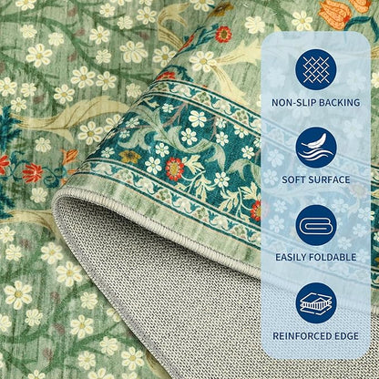 GarveeHome Floral Entryway Rug, 2x3 Washable Front Door Entry Throw Rugs Indoor, Non Slip Bathroom Small Rugs, Boho Thin Rug for Kitchen, Soft Carpet Mat for Bedroom Bathroom, Sage Green