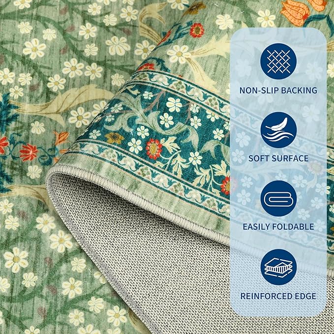 GarveeHome Floral 3x5 Area Rugs for Entryway, Washable Kitchen Rug Non Slip, Low Pile Bedroom Rug, Ultra Soft Stain Resistant Small Carpet for Laundry Room, Sage Green