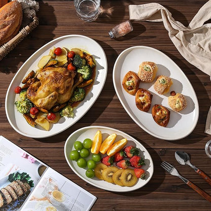 Ceramic Large Serving Platters- Set of 3 Oval Platters for Entertaining. Kitchen Dishes for Dinner, Fruit, Salad, Turkey, etc. Oven, Dishwasher Safe, 15.75"/13.75"/12",Mixed White