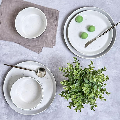 Sango 12-Piece Stoneware Dinnerware Set for 4, Modern White & Black Plates and Bowls Sets with Speckled Glaze, Durable Kitchen Ceramic Dish Set, Microwave & Dishwasher Safe Everyday Dishes, Stockholm
