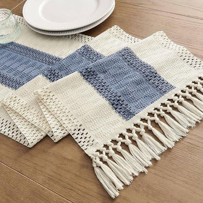Macrame Style Bicolor Stitching Table Runner 14x48in Blue | Woven Boho Table - Image 7