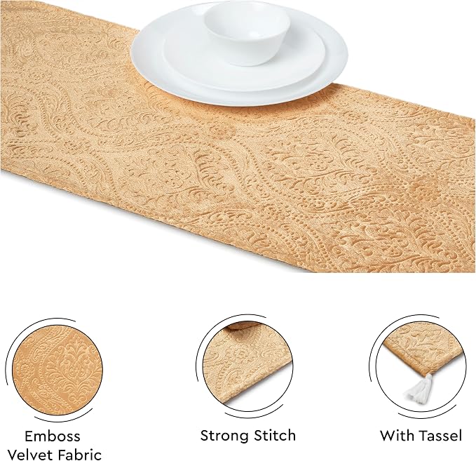 Encasa XO Table Runner, Embossed Velvet, Elegant 13"x94" | Gold, 175 GSM - Image 3