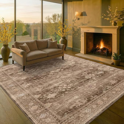 Brown 9x12 Living Room Rug - Vintage Western Eclectic Unique Neutral Taupe, Washable Low Pile Non-Slip Large Area Rugs for Dining Under Table Bedroom Under Bed
