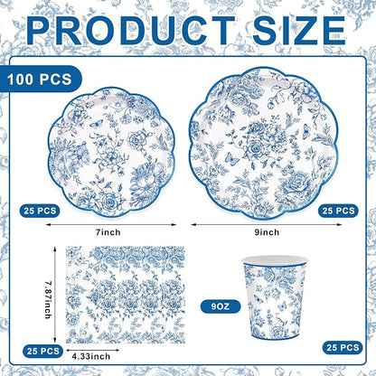 100pcs Blue Floral Paper Plates Napkins Flower Scalloped Tableware | Disposable - Image 2