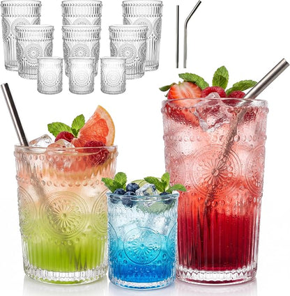 CycleMore 12Pc SunFlower Drinking Glasses, 15oz + 12oz + 4oz Clear Cup | Bar by CycleMore