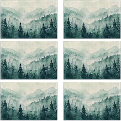 Placemats, Watercolor Forest Landscape Placemats 12x18 Inch Waterproof Non-Slip Washable Table Mats for Kitchen Dining Party Table Decor,Set of 6