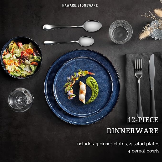 HaWare Dinnerware Sets, 12-Piece Plates and Bowls Set, Reactive Starry Blue | - Image 3