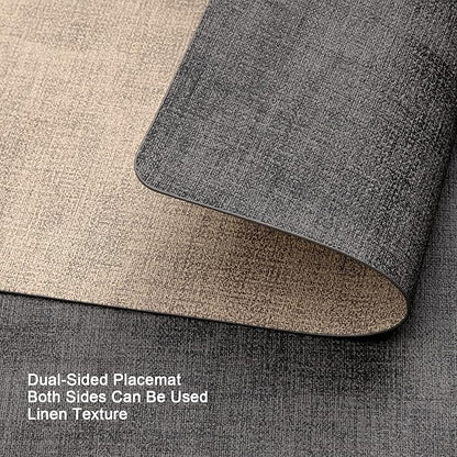 Myir JUN Placemats Dual Sided, Faux Leather Place Mats Set of 6 Indoor Placemat for Dining Table Outdoor Place Mat Manteles Individuales Square Non-Slip Washable Table Mats (Gray Beige, Set of 6)