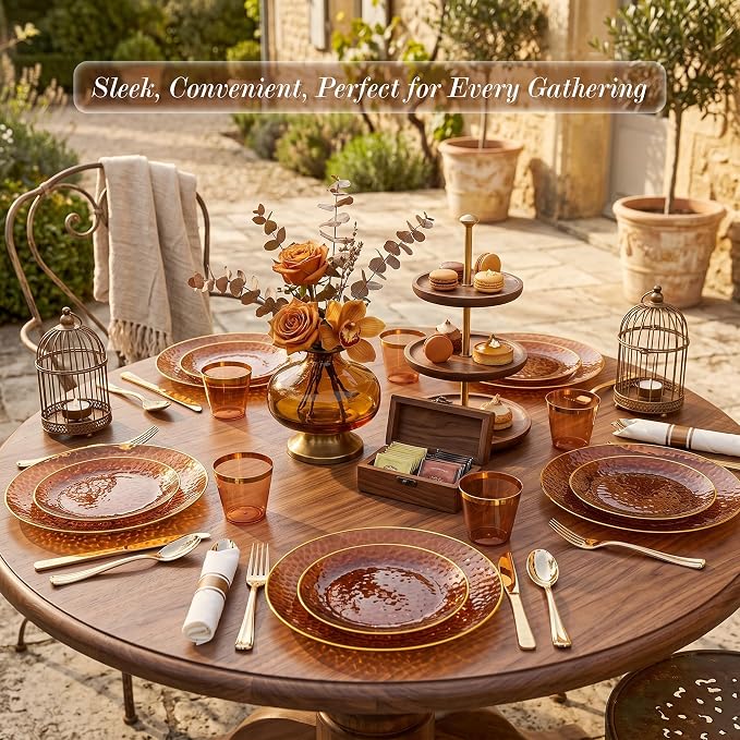 Rubtlamp 700Pcs Amber Gold Plastic Dinnerware Set, Hammered Clear Gold Plates - Image 7