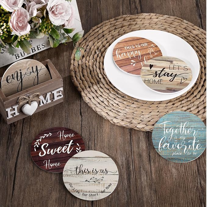 Queekay Coasters Set of 6 House Warming Gifts New Home Wooden Farmhouse Drink - Image 5