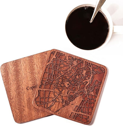Copenhagen Map Coaster by O3 Design Studio, Set Of 4, Sapele Wooden Coaster With City Map, Handmade