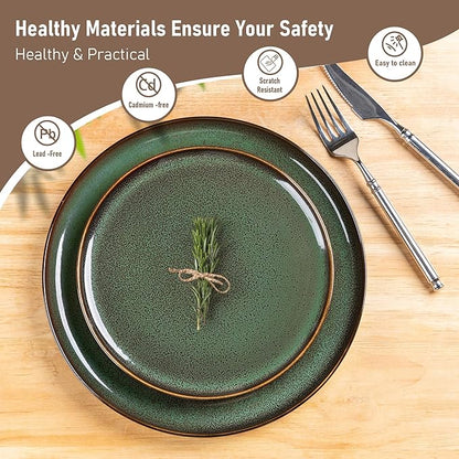 LeRatio Ceramic Dinnerware Sets for 4,Porcelain Plates and Bowls Sets, Reactive Glaze Dishes Set,Chip Resistant and Scratch Resistant | Oven&Dishwasher & Microwave Safe,Service for 4-Green&Black
