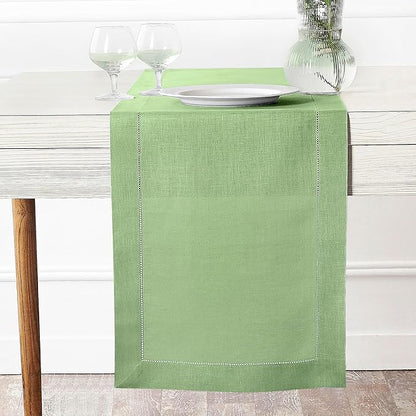 D'Moksha Homes Linen Sage Green Table Runner 48 Inches - Classic Hemstitch, 100% Pure Linen Coffee Table Runner 14 x 48 Inch Ideal for Dresser Tables - Spring, St Patricks Day, Easter